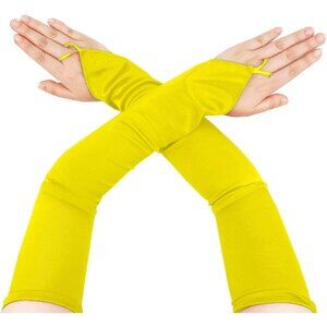 Women's Yellow Long Satin Finger Loop Fabric Gloves Opera Party Prom Costume
